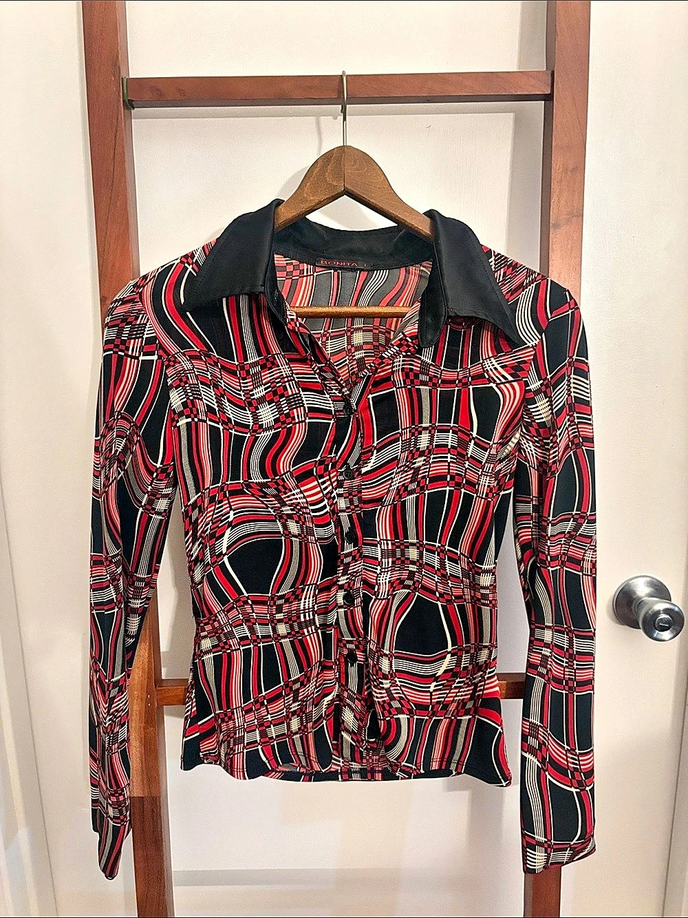 Bonita Y2K Warped Plaid Slinky Button-Up with Satin Collar